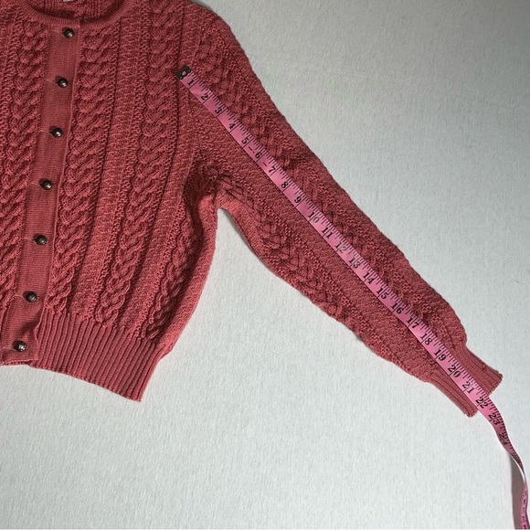 Vintage Allen Länder 100% Pure New Wool Cable Knit Cardigan Sweater in Pink S/M - Picture 4 of 10